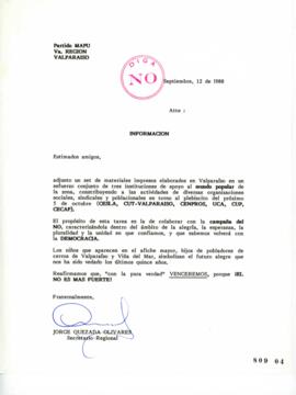 Carta de Jorge Quezada que adjunta Impresos de Instituciones para Plebiscito