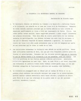 La violencia y el Secretario General de Gobierno. Declaración de Ricardo Lagos