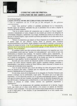 Lagos anuncia 150 mil hectáreas para los mapuches. En la décima región. Comunicado de Prensa