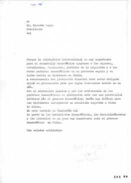 Carta de Bernd Dopheide a Ricardo Lagos en apoyo a Oposición Chilena de Grupo de Exiliados Chilen...