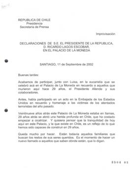 Declaraciones de S.E. el Presidente de la República, d. Ricardo Lagos Escobar, en el Palacio de L...