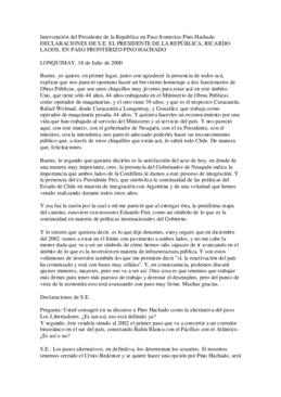 Declaracion de S.E. el Presidente de la República, Ricardo Lagos E., en paso fronterizo Pino Hachado