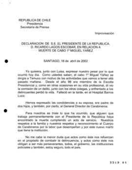 Declaración de S.E. el Presidente de la República, d. Ricardo Lagos Escobar, en relación a Muerte...