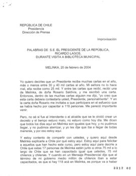 Palabras de S.E. el Presidente de la República, Ricardo Lagos, durante visita a Biblioteca Municipal