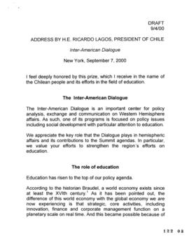 Addres by H.E. Ricardo Lagos, President of Chile. Inter American Dialogue. Discurso del President...