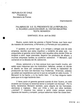 Palabras de S.E. el Presidente de la República, D. Ricardo Lagos Escobar, al Visitar Industria Te...