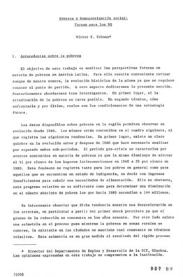 Pobreza y Homogenización Social: Tareas para Los 90. Documento de trabajo