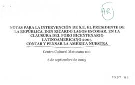 Notas para Intervención del Presidente de la República en Clausura Foro Bicentenario Latinoameric...