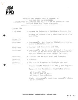 Programa del Primer Consejo General del Partido Por la Democracia a efectuarse en Santiago los dí...