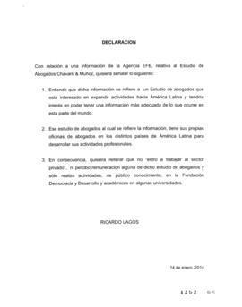 Declaración del ex Presidente Ricardo Lagos, referida a supuesto contrato con el Estudio de Aboga...