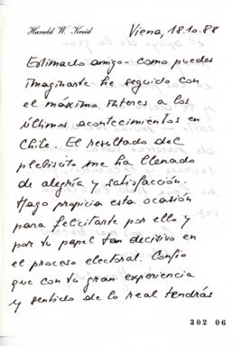 Carta de Felicitaciones de Harald Kreid dirigida a Ricardo Lagos relativa a Triunfo Opositor en e...