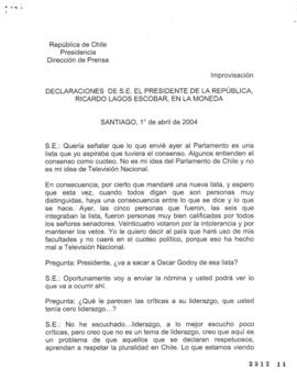 Declaraciones de S.E. el Presidente de la República, Ricardo Lagos E., en la Moneda