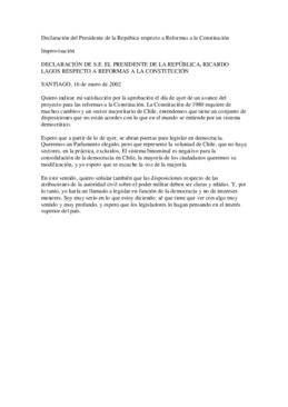 Declaración de S.E. el Presidente de la República, Ricardo Lagos respecto Reformas a la Constitución