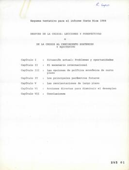 Esquema Tentativo para Informe Costa Rica 1984. Después de la Crisis Lecciones y Perspectivas