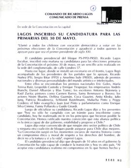 Lagos inscribió su candidatura para las primarias del 30 de mayo. Comunicado de Prensa