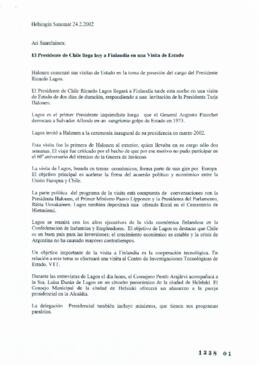 El Presidente de Chile llega hoy a Finlandia en una visita de Estado. Articulo de prensa