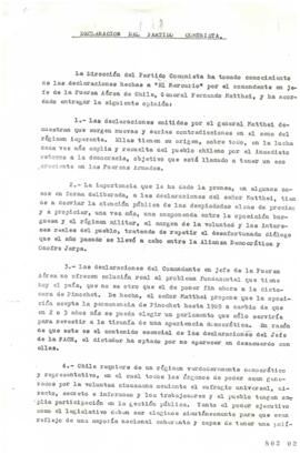 Declaración de Partido Comunista relativa a Declaraciones de General Fernando Matthei