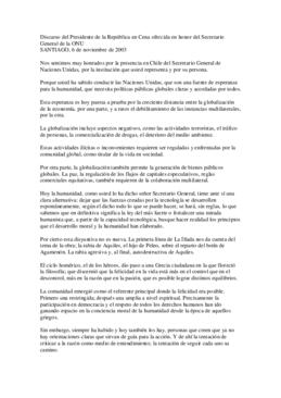Discurso del Presidente de la República en Cena ofrecida en honor del Secretario General de la ONU