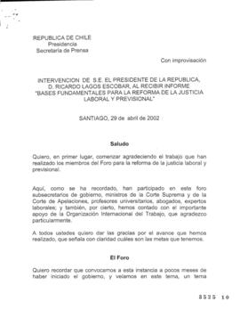 Intervención de S.E el Presidente de la República, D. Ricardo Lagos Escobar, al recibir Informe B...