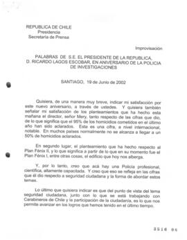 Palabras de S.E. el Presidente de la República, D. Ricardo Lagos Escobar, en Aniversario de Polic...