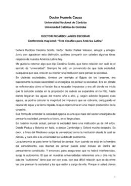 Tres desafíos para América Latina. Clase Magistral