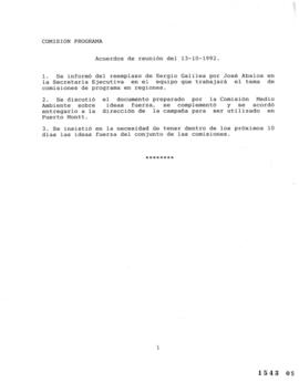 Comisión Programa. Acuerdos de reunión del 13-10-1992