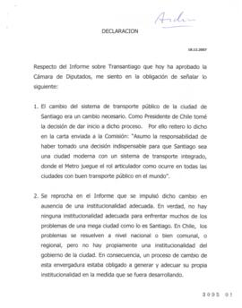 Declaración Pública de Ricardo Lagos relativa a Informe sobre Transantiago