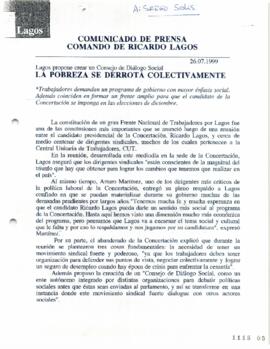 La pobreza se derrota colectivamente. Lagos propone crear un Consejo de Diálogo Social. Comunicad...