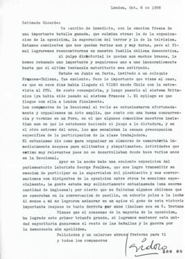 Carta de Felicitaciones de Isidoro a Ricardo Lagos relativa a Triunfo del No en Plebiscito