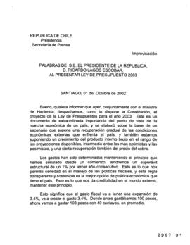 Discurso del Presidente de la República al Presentar Ley de Presupuesto 2003