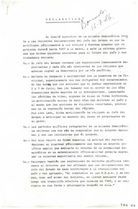 Declaración de Comité Ejecutivo de Alianza Democrática relativa a Voluntad de General Pinochet de...