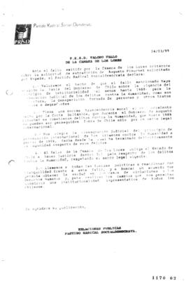 Declaración Pública de Partido Radical sobre Fallo de Extradición de Pinochet