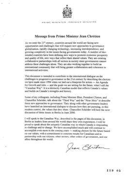 Message froni Prime Minister Jean Chrétien.