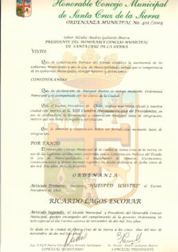 Diploma y Ordenanza Municipal con el que se declara al Presidente Ricardo Lagos Huésped Ilustre d...