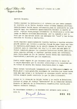 Carta de Saludo de Embajador de España relativa a Triunfo del No en Plebiscito