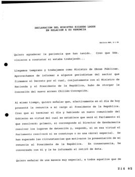 Declaración del Ministro de Obras Públicas Ricardo Lagos en relación a su renuncia