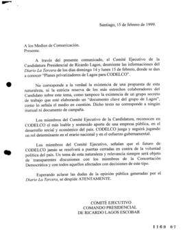 Comunicado de Prensa relativo a Desmentido de Información sobre Ricardo Lagos aparecida en Diario...