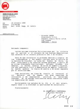 Carta de Felicitaciones del Secretario Confederal de la Unión Italiana del Trabajo dirigida a Ric...