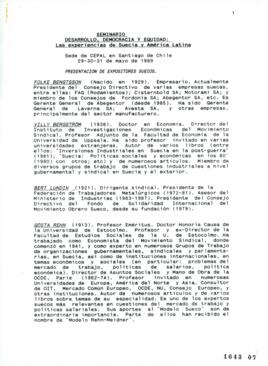 Minuta relativa a Presentación de Expositores Suecos Seminario Desarrollo Democracia y Equidad