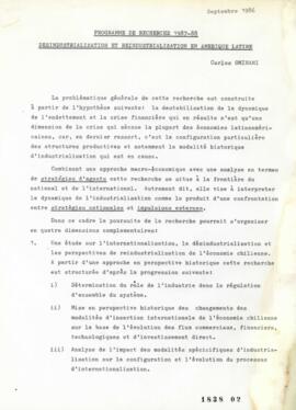 Programme de recherche 1987 - 1988. Desindustrialization et reindustrialisation en Amerique Latine.