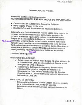 Ocho mujeres ocuparán cargos de importancia. Presidente electo nombró subsecretarios. Comunicado ...