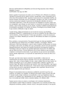 Discurso del Presidente de la República en Cierre de Negociaciones entre el Banco Mundial y Conicyt