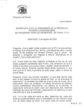 Entrevista a S.E. el Presidente de la República, Ricardo Lagos Escobar,  en programa "Hora d...