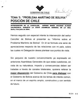 Tema 5: Problema Marítimo de Bolivia. Intervención de Canciller Soledad Alvear