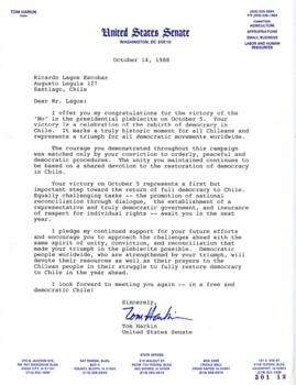 Carta de Felicitaciones de Senador Norteamericano Tom Harkin dirigida a Ricardo Lagos relativa a ...