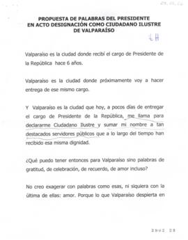 Propuesta de palabras del Presidente en acto de designación como ciudadano ilustre de Valparaíso