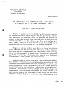 Palabras de S.E. el Presidente de la República, D. Ricardo Lagos Escobar, en Día del Censo