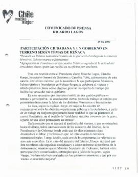 Participación ciudadana y un Gobierno en terreno serán temas de Reñaca. Comunicado de Prensa