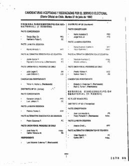 Candidaturas Aceptadas y Rechazadas por el Servicio Electoral 1993. Listado