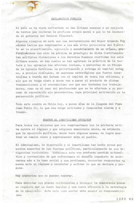 Declaración Pública relativa a Crisis Moral en País Conducido por General Pinochet